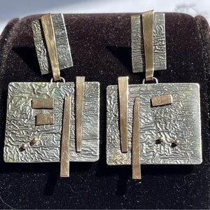 OOAK Vintage Artisan Abstract Articulated Sterling Silver Modernist Big Earrings